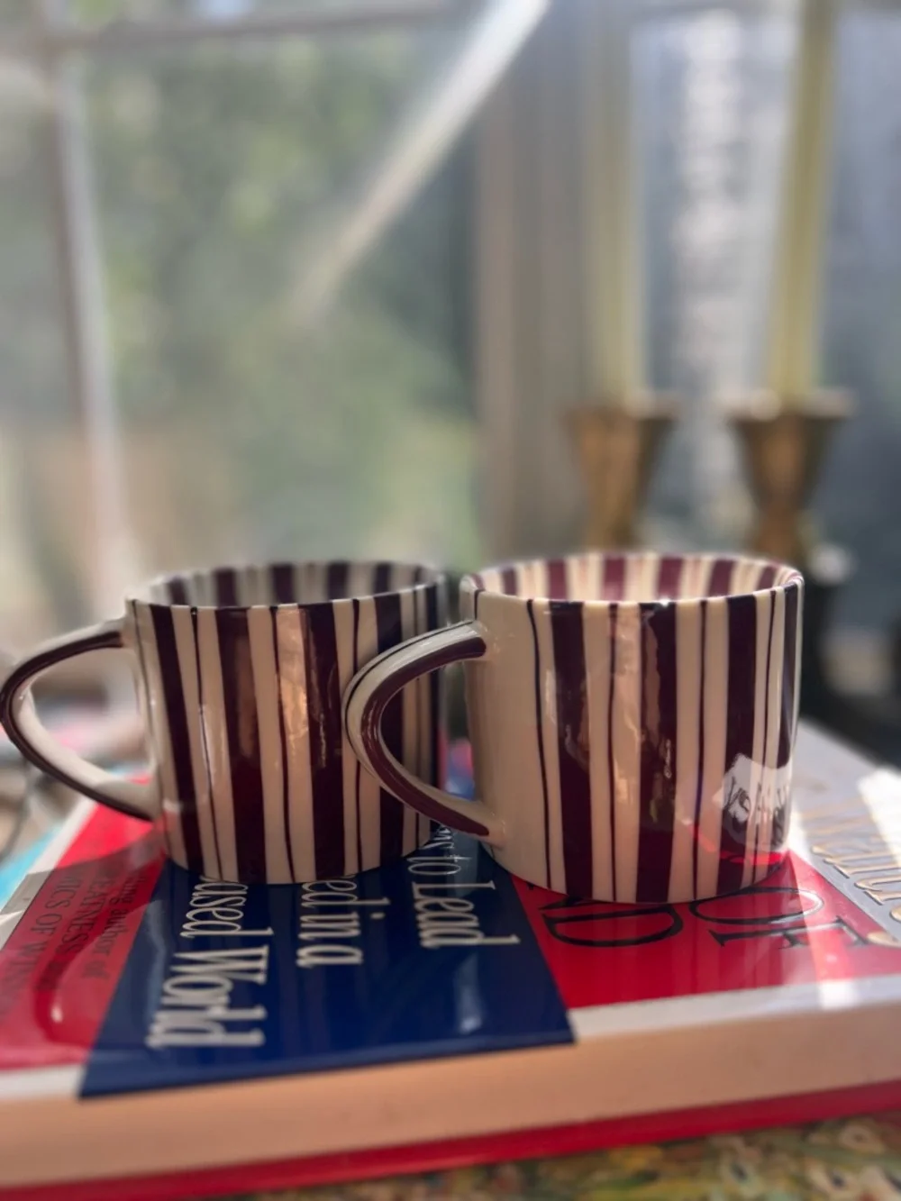 Noon &‎ Moon Cherry Lacquer Striped Espresso Cups Set of 2 Demitasse NWOB